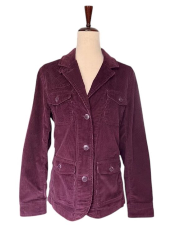 LL Bean Jacket Women Burgundy Button Down Corduroy Blazer Elbow Patch Med NWOT - Picture 2 of 16